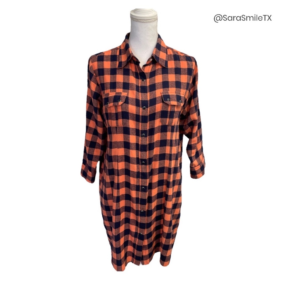 {WRANGLER} Coral & Navy Plaid Flannel Long Sleeve Mini Shirt Dress